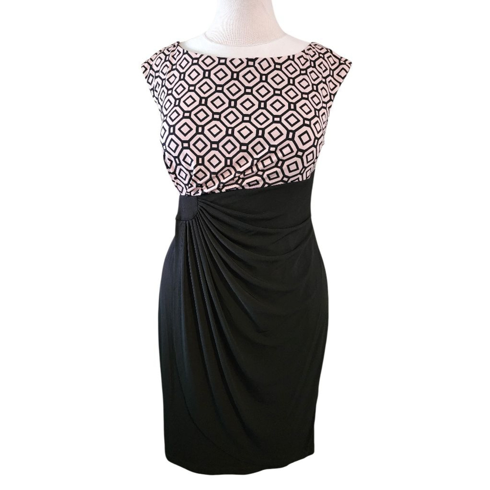 Signature Sadie Petite Women's Black Pink Geometric Print Ruched Sheath Dress
